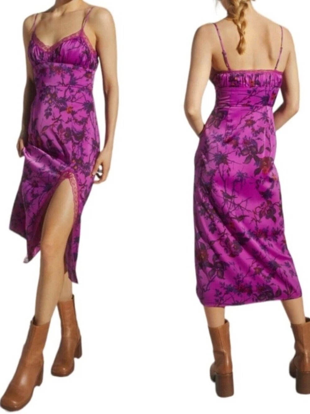 Urban Outfitters Audrey Slip Dress M Purple Slit Lace Midi Satin Coquette Y2K